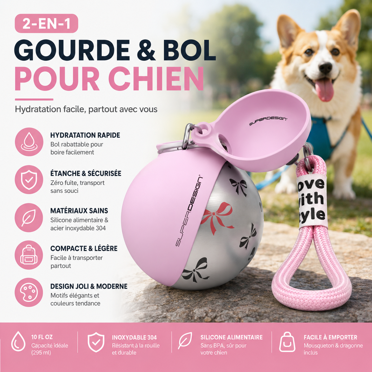 Gourde 2-en-1 avec Bol pour Chien