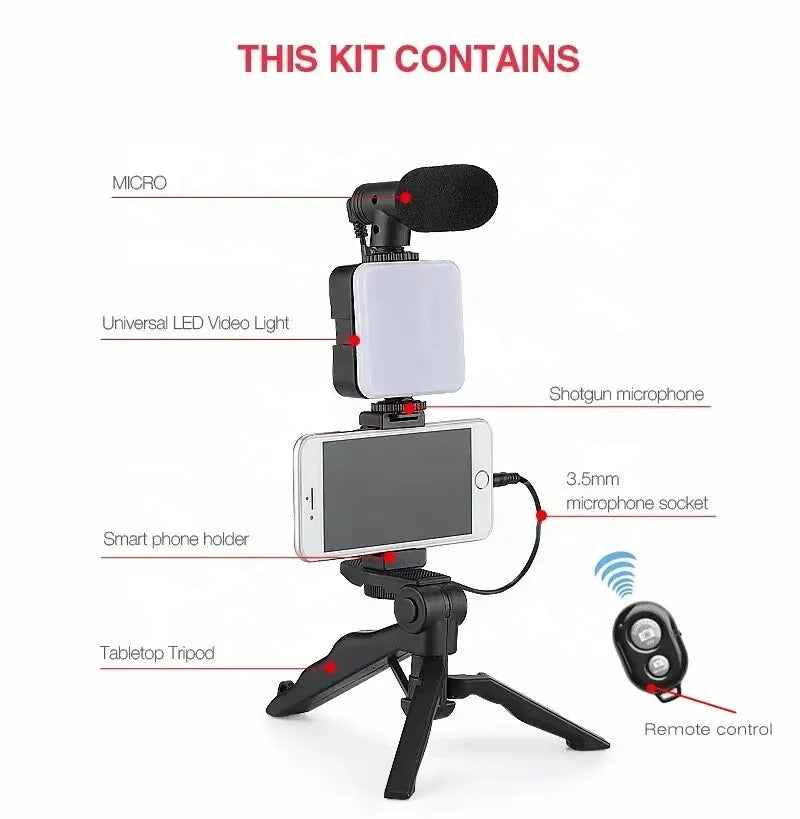 Kit Vlogging Smartphone – Trépied, Micro & Lumière LED | TikTok, YouTube, Live