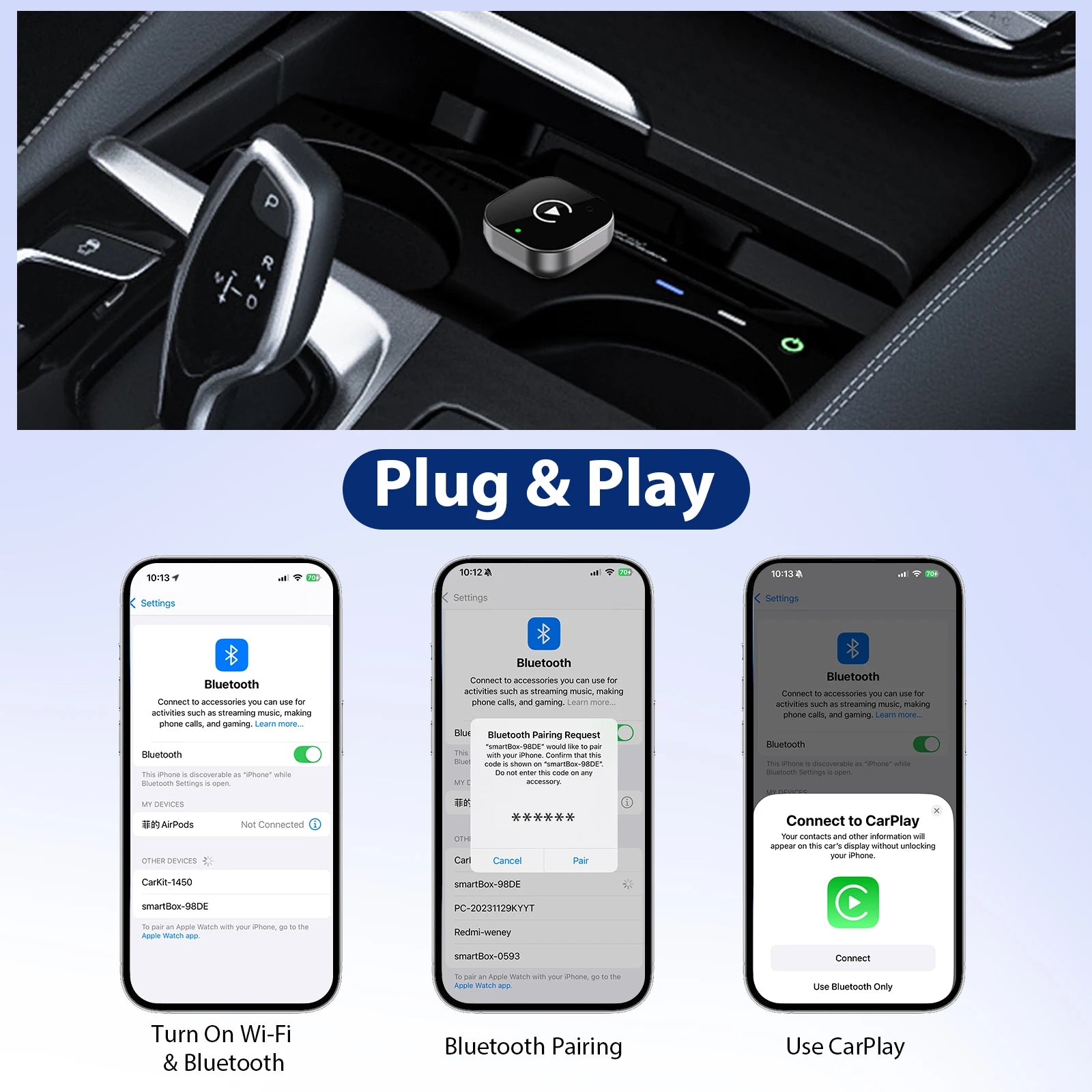 Adaptateur CarPlay & Android Auto Sans Fil 2-en-1 – Plug & Play universel